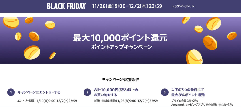 最大10,000ポイント還元ポイントアップキャンペーンページのスクショ