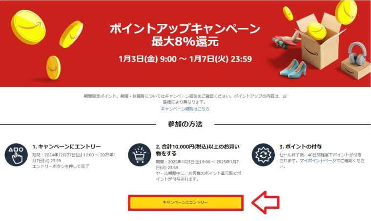 Amazon初売り【最大8%ポイント還元】ポイントアップキャンペーンページ　エントリーボタン