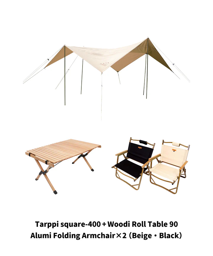 Tarppi square-400 + Alumi Folding Armchair×2 + Woodi Roll Table 90 セット