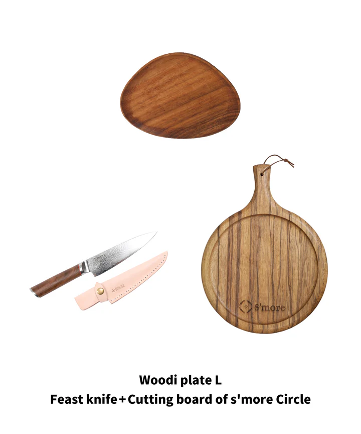 Woodi plate L + フィーストナイフ + Cutting board of s'more Circle セット