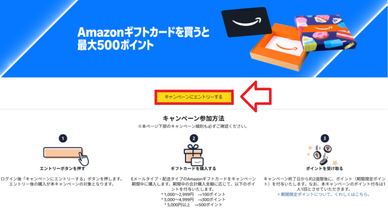 Amazonギフトカードを買うと最大500ポイント！キャンペーンエントリーボタン